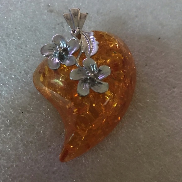 pendent Jewelry - Amber Heart Pendant with Silver Floral Accent - Orange